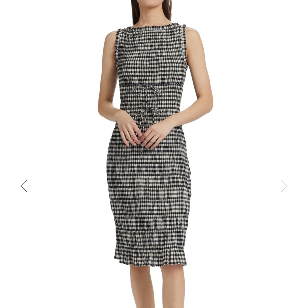 DÔEN Rosella Smocked Plaid Knee-Length Dress Black White Gingham Medium - Picture 2 of 11